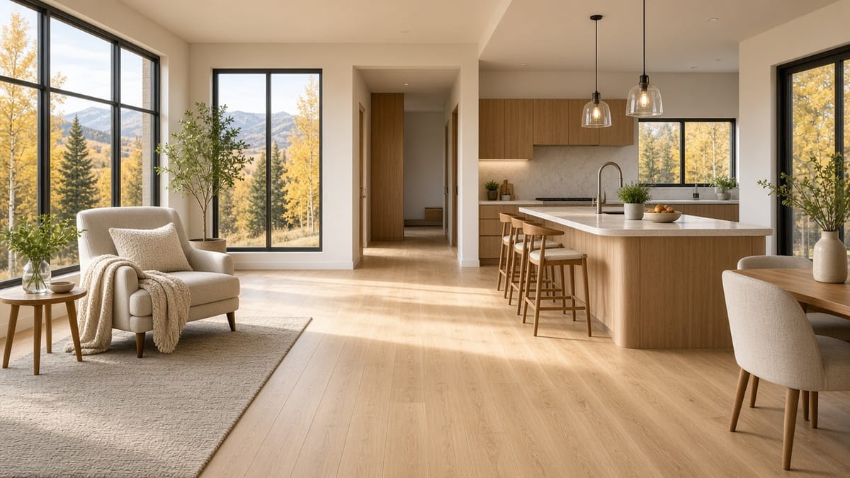 Bright, single-level home interior with wide walkways and fall aspens outside